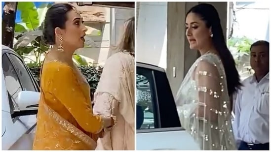 MiD DAY - Sisters Kareena Kapoor Khan and Karishma Kapoor arrived together  for the wedding. Karishma looked beautiful in her beige coloured saree with  golden sequin, while Kareena looked gorgeous in a