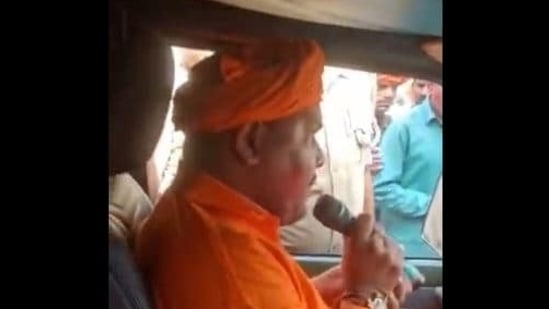 Bajrang Muni Das in this screengrab of the widely shared video could be seen threatening Muslim women in Sitapur district of Uttar Pradesh.