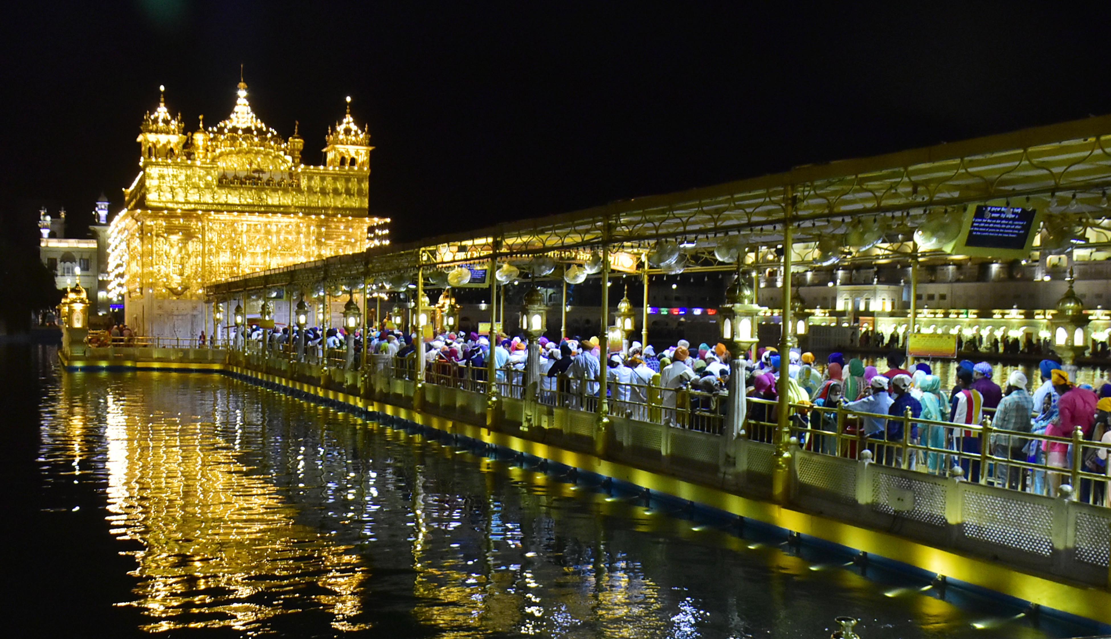 Golden temple illuminated on the eve of Baisakhi festival, in Amritsar, Punjab, India, on Monday, April 12, 2021. (Sameer Sehgal /Hindustan Times) Golden temple illuminated on the eve of Baisakhi festival, in Amritsar, Punjab, India, on Monday, April 12, 2021. (Sameer Sehgal /Hindustan Times)