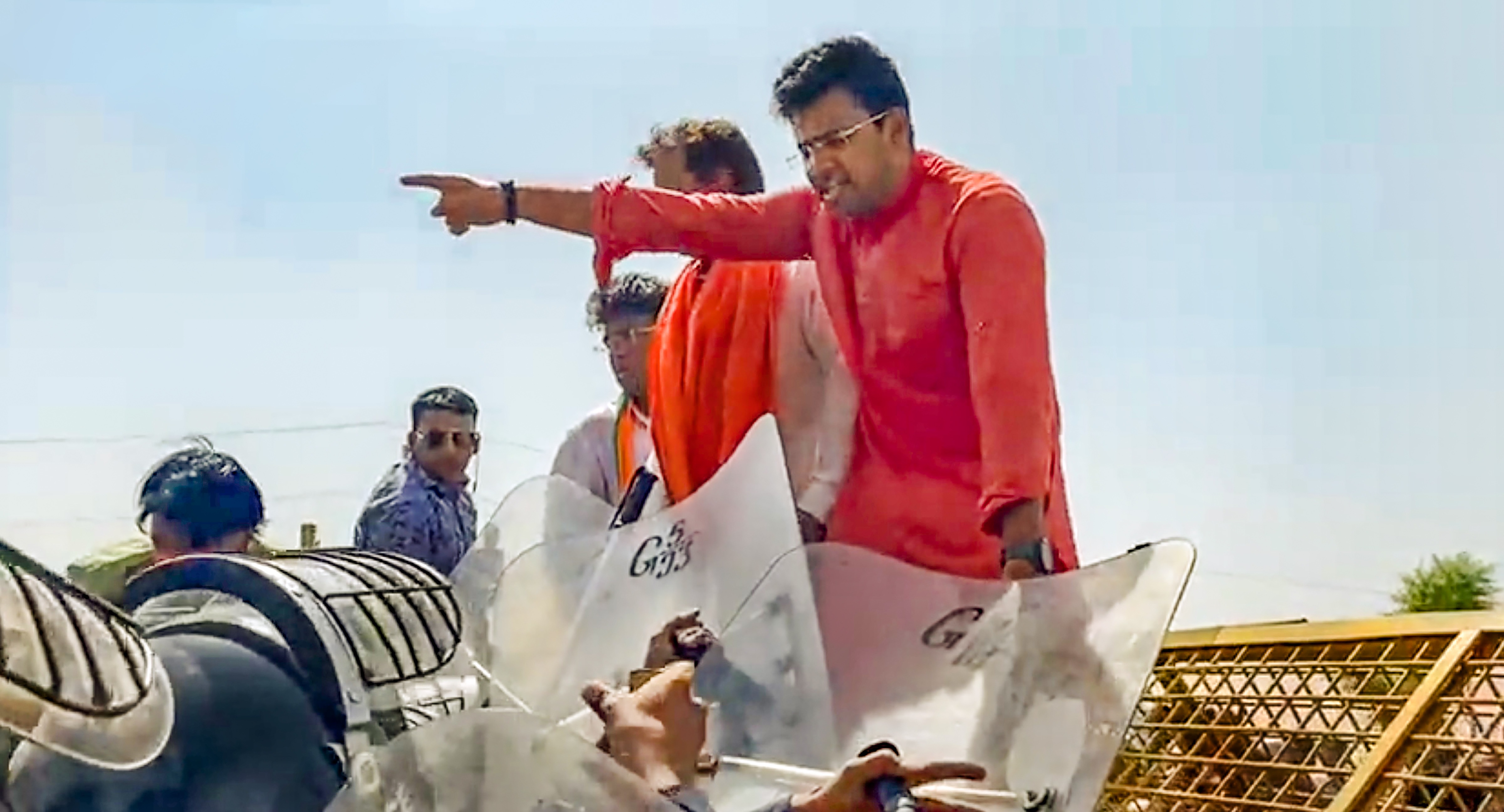 Prior to his detention, Surya, BJP's Lok Sabha MP from Bangalore South, was stopped at the Dausa-Karauli border from visiting Karauli. (PTI) Prior to his detention, Surya, BJP's Lok Sabha MP from Bangalore South, was stopped at the Dausa-Karauli border from visiting Karauli. (PTI)