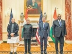 (From left to right) Defence minister Rajnath Singh, external affairs minister S Jaishankar, US secretary of state Antony Blinken and US defence secretary Lloyd Austin, in Washington. (PTI) (From left to right) Defence minister Rajnath Singh, external affairs minister S Jaishankar, US secretary of state Antony Blinken and US defence secretary Lloyd Austin, in Washington. (PTI)