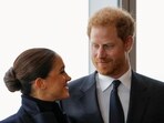 Britain's Prince Harry and Meghan, Duke and Duchess of Sussex, look at each other during a visit to One World Trade Center in Manhattan, New York City, US.(REUTERS)
