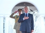 Pakistan's Prime Minister Shehbaz Sharif gestures during the guard of honour ceremony at the Prime Minister house in Islamabad,&nbsp;
