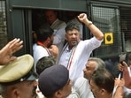 KPCC president D K Shivakumar being detained by police during a protest rally demanding the removal of minister KS Eshwarappa from the Karnataka government, in Bengaluru on April 14, 2022. KPCC president D K Shivakumar being detained by police during a protest rally demanding the removal of minister KS Eshwarappa from the Karnataka government, in Bengaluru on April 14, 2022. 