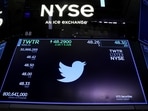 A screen displays the trading information for Twitter on the floor of the New York Stock Exchange (NYSE) in New York City, US.