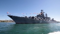 Russian missile cruiser Moskva is moored in the Ukrainian Black Sea port of Sevastopol.
