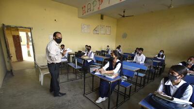 Gurugram, India - October 15: Students of class 12 seen sitting distantly during a class at Government Senior Secondary School (GSSS) in Sector - 4/7 near Huda Gymkhana club, in Gurugram, India, on Thursday, October 15, 2020. (Photo by Parveen Kumar/Hindustan Times) Gurugram, India - October 15: Students of class 12 seen sitting distantly during a class at Government Senior Secondary School (GSSS) in Sector - 4/7 near Huda Gymkhana club, in Gurugram, India, on Thursday, October 15, 2020. (Photo by Parveen Kumar/Hindustan Times)