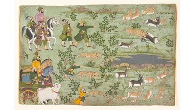 Shah Jahan hunting blackbucks with trained cheetahs, c. 1710–15, Ink, gold, and opaque watercolour on paper. With its naturalistic imagery and figural representation of the Emperor Shah Jahan on the upper left, this Rajput painting appears to draw inspiration from Mughal works that artists at the Mewar court in Udaipur might have come across. (Metropolitan Museum of Art) Shah Jahan hunting blackbucks with trained cheetahs, c. 1710–15, Ink, gold, and opaque watercolour on paper. With its naturalistic imagery and figural representation of the Emperor Shah Jahan on the upper left, this Rajput painting appears to draw inspiration from Mughal works that artists at the Mewar court in Udaipur might have come across. (Metropolitan Museum of Art)