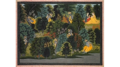 Krishna's longing for Radha, from the Gita Govinda of Jayadeva, c. 1820-1825, gum tempera and gold on paper. Illustrating a scene from the Gita Govinda, a 12th-century Sanskrit epic, this miniature painting — made in the Kangra district of Himachal Pradesh — vividly captures the divine love between the Hindu deities Krishna and Radha. (Cleveland Museum of Art) Krishna's longing for Radha, from the Gita Govinda of Jayadeva, c. 1820-1825, gum tempera and gold on paper. Illustrating a scene from the Gita Govinda, a 12th-century Sanskrit epic, this miniature painting — made in the Kangra district of Himachal Pradesh — vividly captures the divine love between the Hindu deities Krishna and Radha. (Cleveland Museum of Art)