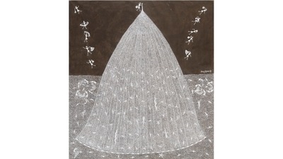 Untitled (Fishing), Jivya Soma Mashe, c. 2017, Natural pigments on cloth. A Warli painting depicting several human figures — drawn in a straightforward geometric style — gathered around a large fishing net, rendered on cloth. (Museum of Art and Photography) Untitled (Fishing), Jivya Soma Mashe, c. 2017, Natural pigments on cloth. A Warli painting depicting several human figures — drawn in a straightforward geometric style — gathered around a large fishing net, rendered on cloth. (Museum of Art and Photography)