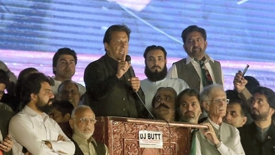 Imran Khan on Wednesday addressed his first public rally since ouster in Peshawar. (AP) Imran Khan on Wednesday addressed his first public rally since ouster in Peshawar. (AP)