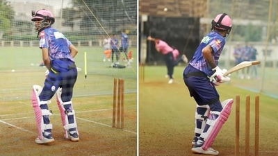 Yuzvendra Chahal bats during a training session Yuzvendra Chahal bats during a training session