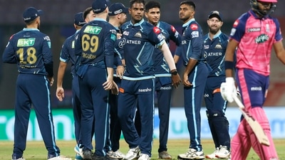 Yash Dayal of Gujarat Titans celebrates the wicket of Devdutt Padikkal of Rajasthan Royals during the Indian Premier League 2022 game (PTI)