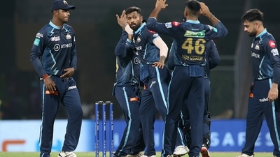 Hardik Pandya of Gujarat Titans celebrates the wicket of James Neesham of Rajasthan Royals during the Indian Premier League 2022 (PTI)