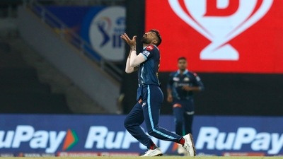 James Neesham of Rajasthan Royals being caught and bowled by Hardik Pandya of Gujarat Titans during the Indian Premier League 2022 match&nbsp; (PTI)