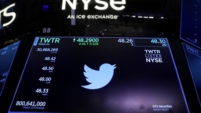 A screen displays the trading information for Twitter on the floor of the New York Stock Exchange (NYSE) in New York City, US. (REUTERS)
