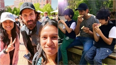 Left- Hrithik Roshan poses with fans at the USC campus. Right- An older picture of Hrithik with his sons Hrehaan Roshan and Hridaan Roshan. Left- Hrithik Roshan poses with fans at the USC campus. Right- An older picture of Hrithik with his sons Hrehaan Roshan and Hridaan Roshan. 