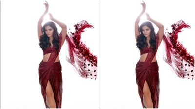 Rubina played muse to fashion designer Dimple Shroff and picked a red co-ord set for the pictures. (Instagram/@rubinadilaik)