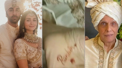 Alia Bhatt's father Mahesh Bhatt shows off his mehendi carrying Ranbir Kapoor's name. Alia Bhatt's father Mahesh Bhatt shows off his mehendi carrying Ranbir Kapoor's name.