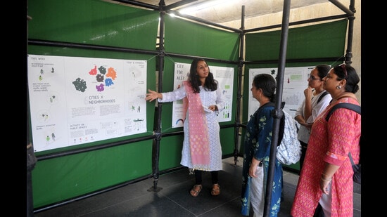 Visitors during the art exhibition, ‘City for All’, organised by the French Cooperation Network in India at the Sector 16/17 Underpass in Chandigarh. (Ravi Kumar/HT)