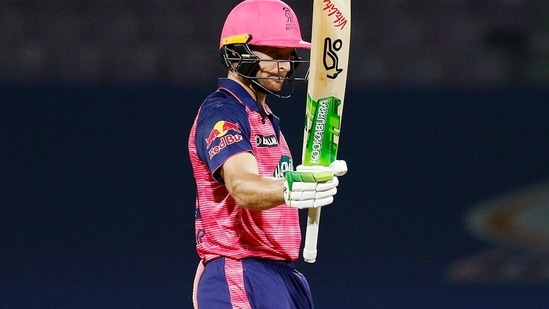 Rajasthan Royals Jos Buttler celebrates his half century during the Indian Premier League 2022 match between the Rajasthan Royals and the Gujarat Titans(ANI)
