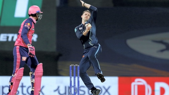 Lockie Ferguson of Gujarat Titans in action during the Indian Premier League 2022 match between the Rajasthan Royals and the Gujarat Titans(PTI)