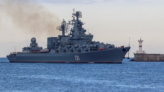 FILE PHOTO: The Russian Navy's guided missile cruiser Moskva sails back into a harbour after tracking NATO warships in the Black Sea, in the port of Sevastopol, Crimea November 16, 2021.&nbsp;(REUTERS)