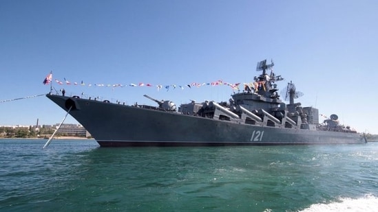 Russian missile cruiser Moskva is moored in the Ukrainian Black Sea port of Sevastopol.(REUTERS)