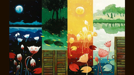 An artwork by Sanjay Bhattacharyya, which displays the different moods of the lotus pond during a day.