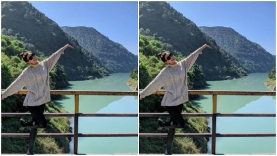 Earlier, Diana Penty shared a happy pictures of herself posing on a bridge over the Satluj river.(Instagram/@dianapenty)