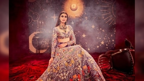 Diana Penty looked ethereal in a shimmery lavender lehenga set from designer Aisha Rao’s collection ‘Paper Dolls’ for an earlier photoshoot.(Instagram/@dianapenty)