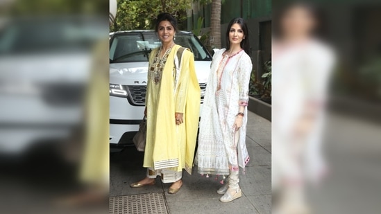 Ranbir Kapoor's mother Neetu Kapoor was spotted at the wedding venue in a beautiful yellow salwar set. She paired her look with golden juttis.(HT Photo/Varinder Chawla)