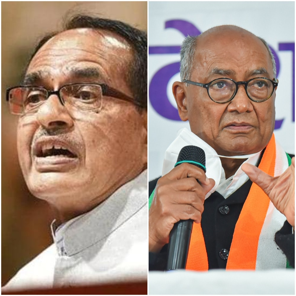 Madhya Pradesh chief minister Shivraj Singh Chouhan (left) said that Senior Congress leader Digvijaya Singh (right) wanted to set Madhya Pradesh on fire.&nbsp;