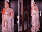 Ranbir Kapoor and Alia Bhatt tied the knot on April 14 at Vastu in the presence of their family and close friends. RK's cousin Karisma Kapoor made a stylish appearance in a gorgeous Manish Malhotra ivory saree.(Instagram/@manishmalhotraworld)