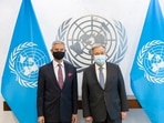 S Jaishankar tweeted a photo of him along with the UN chief. (Twitter)&nbsp;