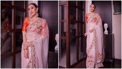 Ranbir Kapoor and Alia Bhatt tied the knot on April 14 at Vastu in the presence of their family and close friends. RK's cousin Karisma Kapoor made a stylish appearance in a gorgeous Manish Malhotra ivory saree. (Instagram/@manishmalhotraworld) Ranbir Kapoor and Alia Bhatt tied the knot on April 14 at Vastu in the presence of their family and close friends. RK's cousin Karisma Kapoor made a stylish appearance in a gorgeous Manish Malhotra ivory saree. (Instagram/@manishmalhotraworld)