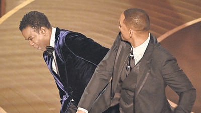 Actor Will Smith slapped presenter Chris Rock (above) at the 94th Oscars when the comedian made a joke about Smith’s wife, Jada Pinkett’s hairstyle. Will has been banned from the awards for 10 years, though he won best actor the same night Actor Will Smith slapped presenter Chris Rock (above) at the 94th Oscars when the comedian made a joke about Smith’s wife, Jada Pinkett’s hairstyle. Will has been banned from the awards for 10 years, though he won best actor the same night