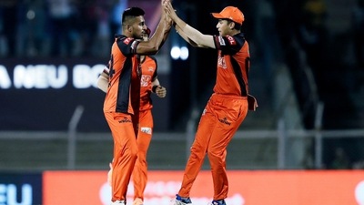 Sunrisers Hyderabad Umran Malik celebrates the dismissal of Kolkata Knight Riders Sheldon Jackson during the IPL 2022 (ANI) Sunrisers Hyderabad Umran Malik celebrates the dismissal of Kolkata Knight Riders Sheldon Jackson during the IPL 2022 (ANI)