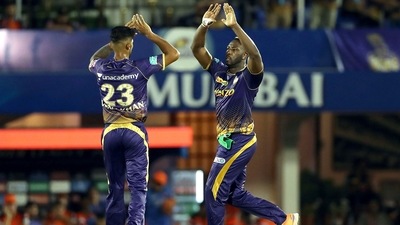 Kolkata Knight Riders Andre Russell celebrate the dismissal of Sunrisers Hyderabad Kane Williamson during the IPL 2022 (ANI) Kolkata Knight Riders Andre Russell celebrate the dismissal of Sunrisers Hyderabad Kane Williamson during the IPL 2022 (ANI)