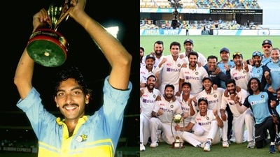 Ravi Shastri with the 1985 World Championship trophy; India after winning the 2020/21 Border-Gavaskar series Ravi Shastri with the 1985 World Championship trophy; India after winning the 2020/21 Border-Gavaskar series