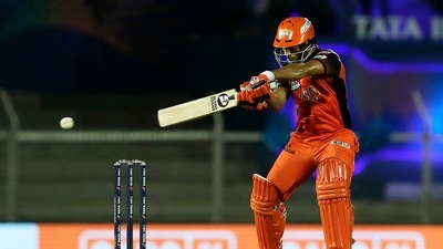 Mumbai: Rahul Tripathi of the Sunrisers Hyderabad bats during the Indian Premier League 2022 match between Sunrisers Hyderabad and Kolkata Knight Riders, at the Brabourne Stadium, in Mumbai. (PTI)
