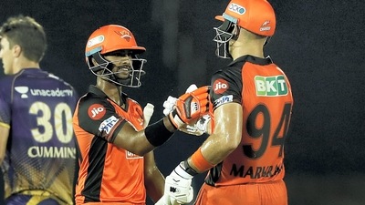 Aiden Markram and Nicholas Pooran of the Sunrisers Hyderabad celebrate their win in the Indian Premier League 2022 (PTI) Aiden Markram and Nicholas Pooran of the Sunrisers Hyderabad celebrate their win in the Indian Premier League 2022 (PTI)