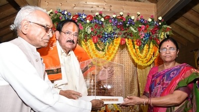 Vice-President Venkaiah Naidu with his wife Usha Naidu at the Ram Janmabhoomi site in Ayodhya.&nbsp; (Twitter/VPSecretariat)
