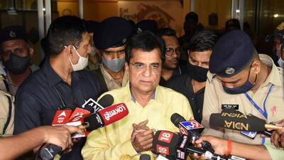 Mumbai, India - April 13, 2022: BJP leader Kirit Somaiya arrives at Mumbai International Airport after two days of suspense, in Mumbai, India, on Wednesday, April 13, 2022. (Photo by Vijay Bate/HT Photo) (HT PHOTO)