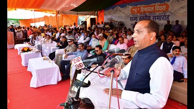 Chief minister Jai Ram Thakur addressing at the 75th state-level Himachal Day function at Chowgan, in Chamba on Friday. (ANI) Chief minister Jai Ram Thakur addressing at the 75th state-level Himachal Day function at Chowgan, in Chamba on Friday. (ANI)