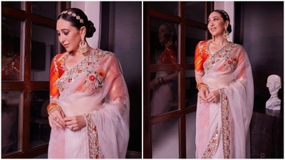 Karisma Kapoor donned this stunning sheer ivory saree from the designer's Khoob Collection. (Instagram/@manishmalhotraworld) Karisma Kapoor donned this stunning sheer ivory saree from the designer's Khoob Collection. (Instagram/@manishmalhotraworld)