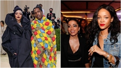 Left- Rihanna and A$AP Rocky. Right- Fenty footwear designer Amina Muaddi and Rihanna. Left- Rihanna and A$AP Rocky. Right- Fenty footwear designer Amina Muaddi and Rihanna.