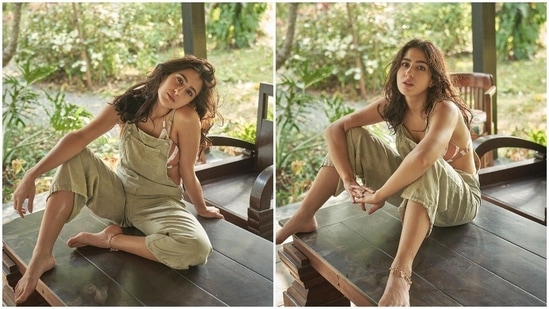 Sara Ali Khan recently treated her fans with recent pictures from her recent photoshoot where she can be seen channelling her inner Mowgli in a bralette and dungaree.(Instagram/@saraalikhan95)