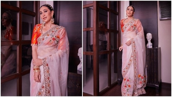 Ranbir Kapoor and Alia Bhatt tied the knot on April 14 at Vastu in the presence of their family and close friends. RK's cousin Karisma Kapoor made a stylish appearance in a gorgeous Manish Malhotra ivory saree.(Instagram/@manishmalhotraworld)