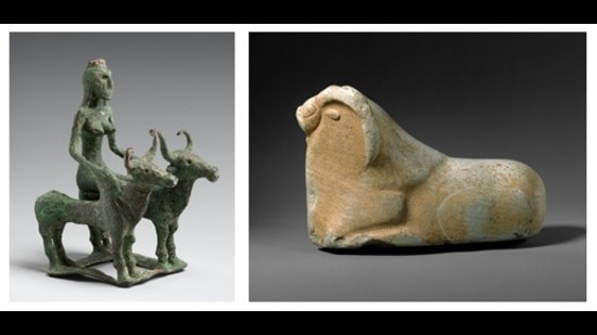 (Above left) Woman Riding Two Brahman Bulls, a bronze sculpture from 2000–1750 BCE. (Above right) A Harappan sculpture of a reclining mouflon, a wild sheep. (Courtesy the Metropolitan Museum of Art)